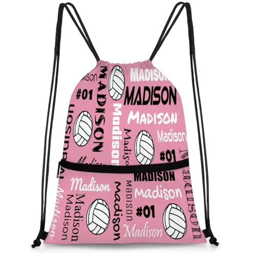 Custom Volleyball Style Drawstring Bag, Personalized Sports Ball Backpack Drawstring Sack Cinch Bags for Team Gift Party Favors, Light Pink - color: Deep Red