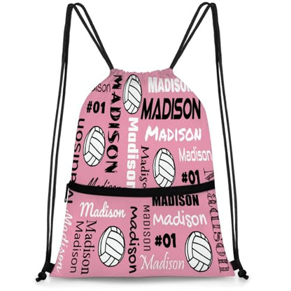Custom Volleyball Style Drawstring Bag, Personalized Sports Ball Backpack Drawstring Sack Cinch Bags for Team Gift Party Favors, Light Pink - color: Deep Red