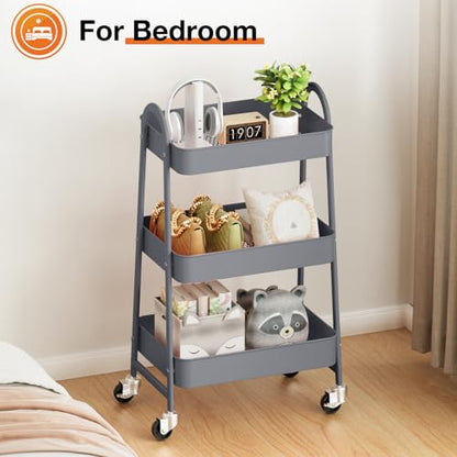 NEWBULIG 3-Tier Metal Rolling Cart with Lockable Wheels, Heavy Duty Mobile Utility Storage Shelf, Roller Book Snack Cart, Grey - color: Gray, size: 3 Shelves