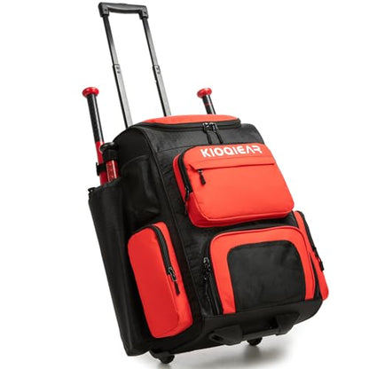 Rolling Baseball Bag with Wheels,Large Softball Bag with Fence Hook for 4 Bats & Equipment,Lightweight Baseball Bat Bag with Shoe Compartment. - color: Red