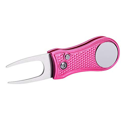 Mile High Life Golf Divot Repair Tool, All Metal Foldable Divot Tool with Pop-up Button & Magnetic Ball Marker - color: Pink Bone