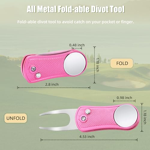 Mile High Life Golf Divot Repair Tool, All Metal Foldable Divot Tool with Pop-up Button & Magnetic Ball Marker - color: Pink Undulate