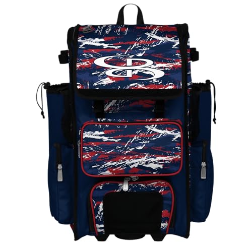 Boombah Rolling Superpack Baseball/Softball Gear Bag - Telescopic Handle - Holds 4 Bats - Wheeled Version - Razor Multiple Colors - color: Navy/Red/White