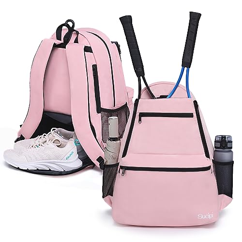 Tennis Bag Professional Tennis Backpack for Men and Women Racket Bags Holds 2 Rackets with Ventilated Shoe Compartment - color: Pink with Shoes Compartment