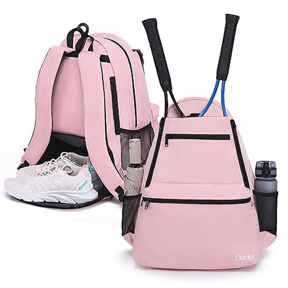 Tennis Bag Professional Tennis Backpack for Men and Women Racket Bags Holds 2 Rackets with Ventilated Shoe Compartment - color: Pink with Shoes Compartment