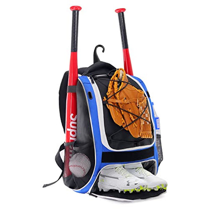 WOLT Youth Baseball Bag - Bat Backpack for Baseball, T-Ball & Softball Equipment & Gear, Bat & Glove Holder, Large Main Compartment for Helmet & accessories, Separate Shoes Compartment, Fence Hook - color: Blue