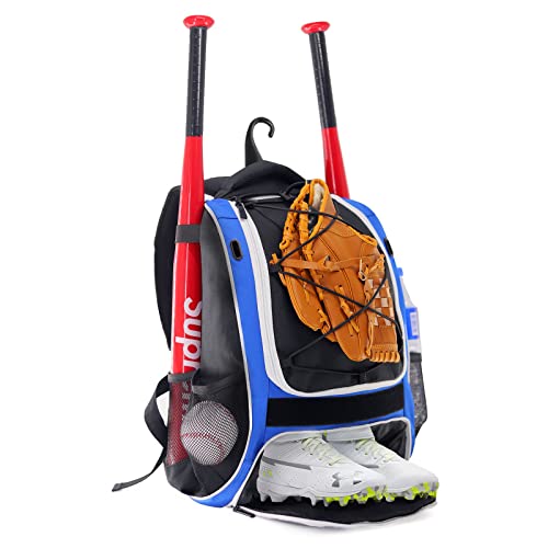 WOLT Youth Baseball Bag - Bat Backpack for Baseball, T-Ball & Softball Equipment & Gear, Bat & Glove Holder, Large Main Compartment for Helmet & accessories, Separate Shoes Compartment, Fence Hook - color: Blue