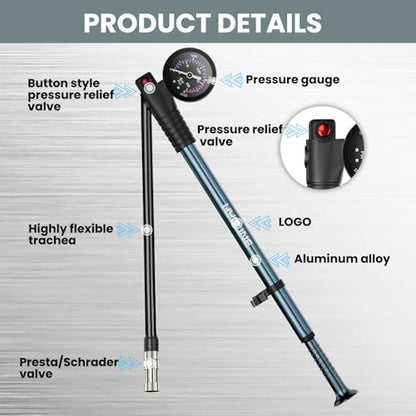 Hycline Shock Pump for Mountain Bike, High Pressure 300 Psi for Front Fork and Rear Bicycle Suspension Air Pump with Gauge Fits Schrader & Presta Tire Valve - color: Titanium