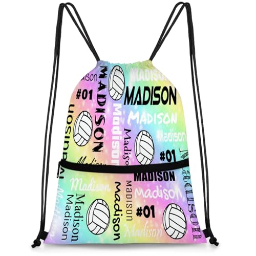 Custom Volleyball Style Drawstring Bag, Personalized Sports Ball Backpack Drawstring Sack Cinch Bags for Team Gift Party Favors, Glitter Rainbow Print - color: Coral Red a