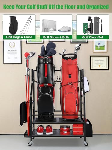 FHXZH Golf Bag Storage Garage Organizer - Golf Bag Stand Fit for 2 Bag, Extra Clubs, Balls, Shoes, and Golf Equipment Accessories, Golf Storage Rack for Garage, Club, Shed