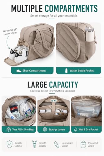 Pickleball,Tennis Racket Bag,Gym Bag for Women,Man. Quilted, Holds 2 Rackets with Shoe Compartment. Sport Bag for Gym, Court, Travel Duffle Bag - color: Beige