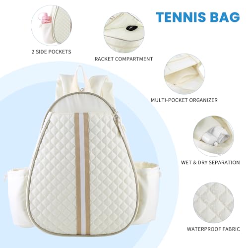 Tennis Bags for Women - Ideal Mothers Day Gifts, Quilted Tennis Sling Crossbody Backpack with Fence Hook, Water Resistant Tennis Racket Bag for Pickleball, Badminton, Beige