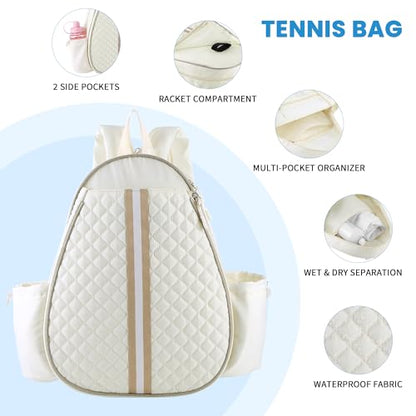 Tennis Bags for Women - Ideal Mothers Day Gifts, Quilted Tennis Sling Crossbody Backpack with Fence Hook, Water Resistant Tennis Racket Bag for Pickleball, Badminton, Beige