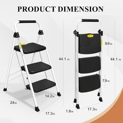 HBTower Step Ladder, Folding Step Stool with Wide Anti-Slip Pedal, Sturdy Steel Ladder, Convenient Handrail, Lightweight, Portable Steel Step Stool - color: White, size: 3 Step Ladder