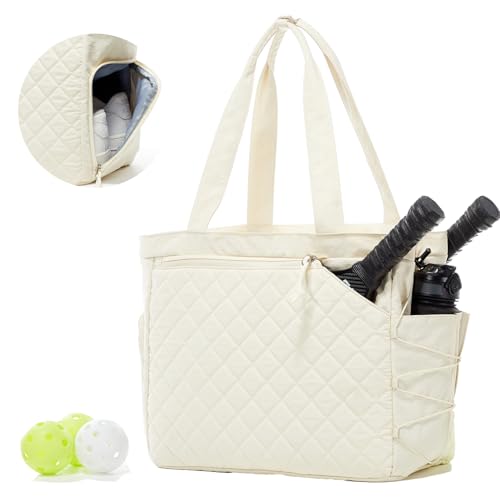 Pickleball Bag Fits 2 to 6 Paddles, Quilted Pickle ball Tote Bags for Women and Men with Shoe Compartment and Fence Hook, Great Pickleball Gifts - color: Beige
