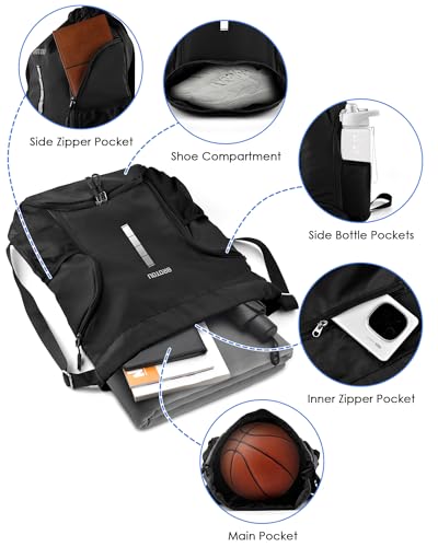 BROTOU Soccer Drawstring Backpack, Basketball Bag, Volleyball Football Bags with Ball and Shoe Compartment - color: Black