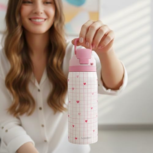 Heart Insulated Stainless Steel Water Bottle with Straw for Sports and Travel, 32oz, Gifts for Women Girls Friends Teens Birthday Christmas (Grid Background) - color: Heart 1