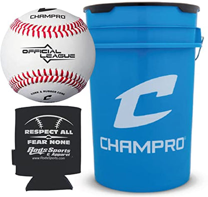 CHAMPRO CBB-40 Genuine Leather Cover Baseballs in an Optic Blue Bucket – 30 Balls and one Rods Can Sleeve Included