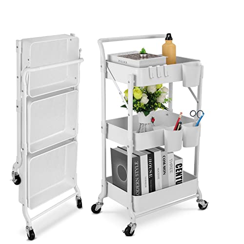 Foldable 3 Tier Metal Utility Rolling Cart, Folding Mobile Multi-Function Storage Trolley Organizer Cart for Home Library Office(White) - color: White