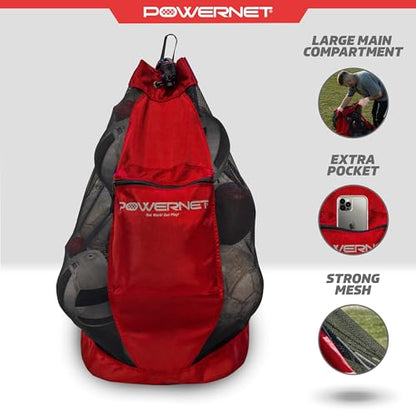 PowerNet Mesh Bag Ball Storage for Soccer, Football & Volleyball, Ball Bag with Exterior Valuables Pocket, Training Equipment Storage Ideal for Teams and Coaches