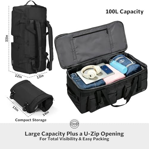 STOVER 45/80/100L U-Zip Rolling Duffel Bag with Wheels, X-Large Durable Travel Duffle + Toiletry Bag, Lay-Flat Opening, Packable w/Shoulder Straps- Use as Luggage or Backpack, Men/Women (Black) - color: U-Zip Black