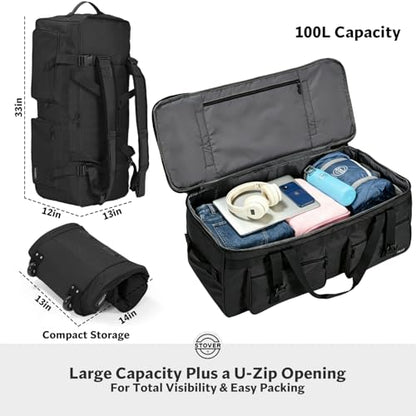 STOVER 45/80/100L U-Zip Rolling Duffel Bag with Wheels, X-Large Durable Travel Duffle + Toiletry Bag, Lay-Flat Opening, Packable w/Shoulder Straps- Use as Luggage or Backpack, Men/Women (Black) - color: U-Zip Black