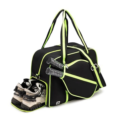 ROYALFAIR Pickleball Tote Bag for Women Men Large Capacity with Paddle Cover Pocket Internal Shoe Pocket and Adjustable Shoulder strap - color: black-green