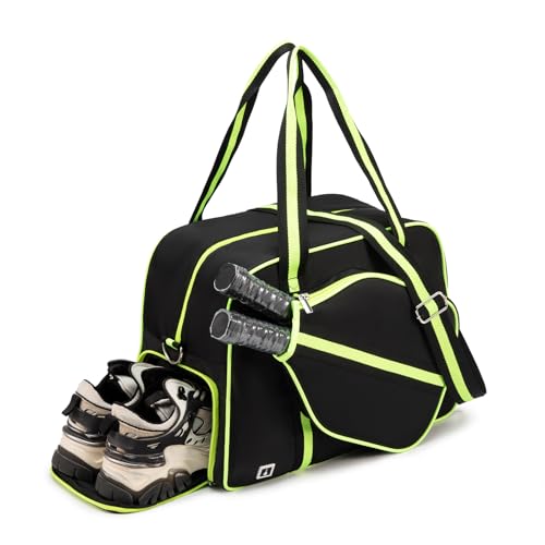 ROYALFAIR Pickleball Tote Bag for Women Men Large Capacity with Paddle Cover Pocket Internal Shoe Pocket and Adjustable Shoulder strap - color: black-green
