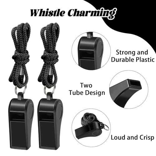 Retainbre 48 Pcs Coach Whistle with Lanyard Lifeguard Whistles Bulk Plastic Sports Loud Referee Whistle for Adults Emergency Teachers Training - color: Black