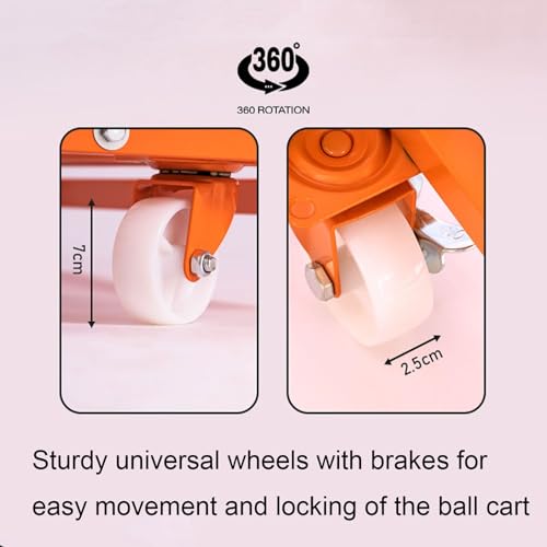 Orange Rolling Basketball Storage Cart Kindergarten School Soccer Volleyball Ball Cart Sports Equipment Organizer Large Folding Ball Cage for Garages, Playgroup, Gym