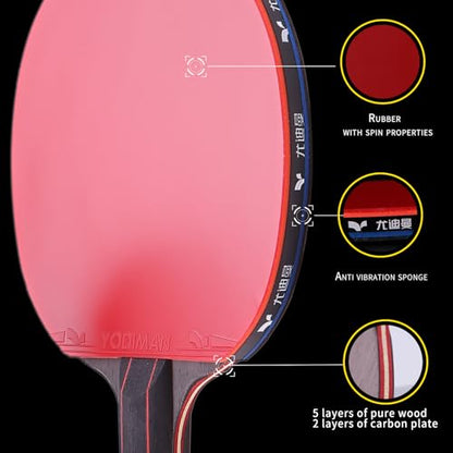 Ping Pong Paddle - 7-ply Carbon Fiber Blade - 2mm Premiere Sponge for a Larger Sweet Spot - Flared Handle for Increased Control - Performance Table Tennis Racket Set