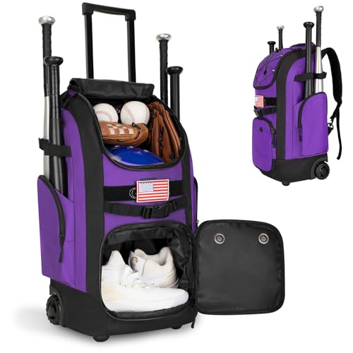 Rolling Baseball Bag with Wheels, 60L Capacity Wheeled Softball bag with Shoe Compartment for Youth & Adult, Bat bag with Hidden Straps,Fence Hook,Holds 4 Bat, Helmet, Glove - color: Purple