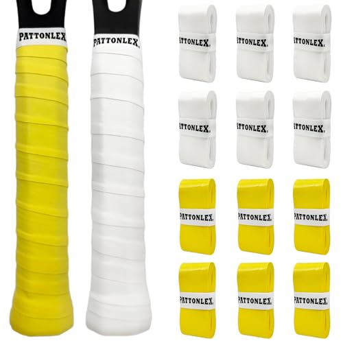 Tennis Racket Grip Tape – 3, 6, 12 Pack Overgrip for Tennis Racquet, Badminton, Pickleball Paddle, Squash, Table Tennis – Sweat Absorbent, Non-Slip, Comfortable Overwrap Grip - color: White + Yellow