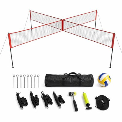 4 Square Volleyball Net Set with 3 Adjustable Heights, 14FT Cross PE System, Use in Backyard or Beach, Includes Ball, Pump, Carry Bag, Hammer, Outdoor Team Games, Black/Red