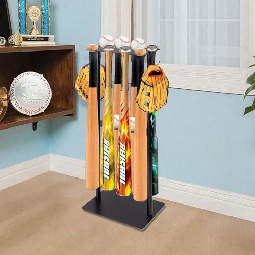 Baseball Bat Holder Stand, Free Standing Bat Rack for 8 Bats & 5 Balls, No Drill Softball Bat Organizer with 4 Hooks for Gloves, Sturdy Metal Display Stand for Home Team Dugout, Black