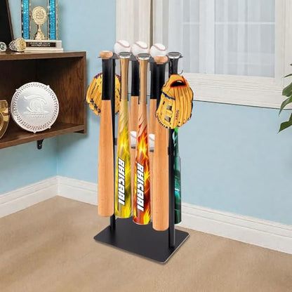 Baseball Bat Holder Stand, Free Standing Bat Rack for 8 Bats & 5 Balls, No Drill Softball Bat Organizer with 4 Hooks for Gloves, Sturdy Metal Display Stand for Home Team Dugout, Black
