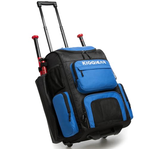 Rolling Baseball Bag with Wheels,Large Softball Bag with Fence Hook for 4 Bats & Equipment,Lightweight Baseball Bat Bag with Shoe Compartment. - color: Blue