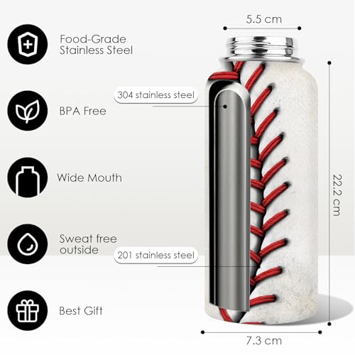 Baseball Water Bottle 32oz, Sport Travel Stainless Steel Tumbler With Lid, Double Wall Vacuum Insulated Coffee Cup Travel Mug, Fathers Day Birthday Baseball Gift For Boys Dad Husband - color: Baseball-2