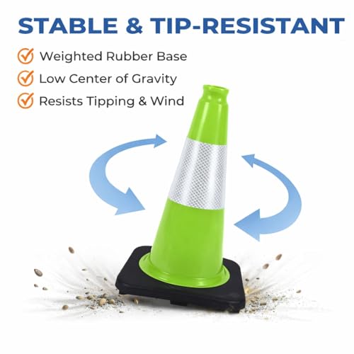 6 Pack Green 18 Inch Black Base Traffic Cones for Vehicle Maneuvering Practice, Driving Training, Lane Marking & Safety Warning (6, Green, 18 Inch) - color: Green, size: 18 Inch