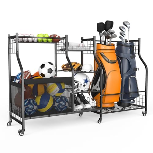 WALMANN Golf Bag Storage Rack with Wheels, Rolling Sports Equipment Organizer, Large Capacity Garage Storage Cart for Balls, Golf Bags