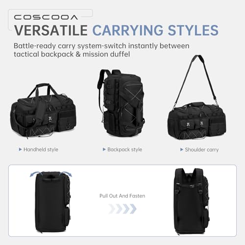 Gym Bags for Men with Shoe Compartment 60L Tactical Duffle Bag 3 in 1 Carry on Duffel Bag Travel Backpack Weekender Overnight Range Bag for Workout Football, Black