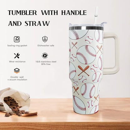 Ceovfoi 40 oz Baseball Coffee Mug Cup Vacuum Insulated Travel Tumbler with Handle Lid and Straw,Baseball Coach Gifts,Baseball Accessories Stuff - color: Baseball