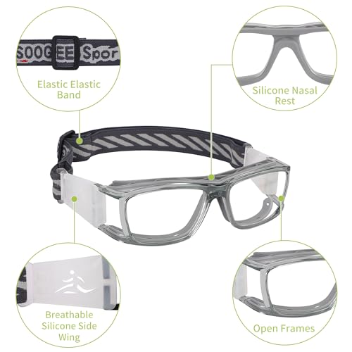 SooGree Sport Glasses for Men Women Basketball Football Sport Goggles Anti Fog Shock Collision Wearable Glasses - color: Gray Frame Gray Nose Pads