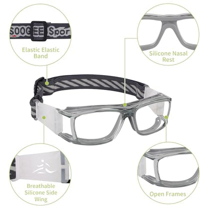 SooGree Sport Glasses for Men Women Basketball Football Sport Goggles Anti Fog Shock Collision Wearable Glasses - color: Gray Frame Gray Nose Pads