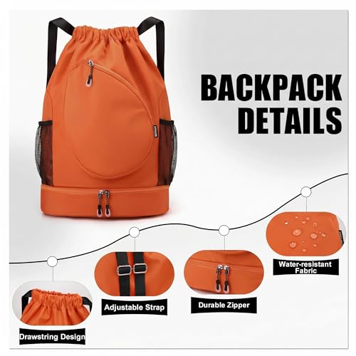 Sports Drawstring Backpack, Badminton Gym Bag Holds 2 Rackets with Shoe Compartment, Off-work, Everyday & Overnight Weekend - color: Orange