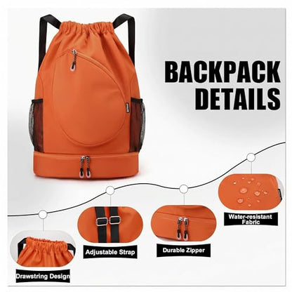 Sports Drawstring Backpack, Badminton Gym Bag Holds 2 Rackets with Shoe Compartment, Off-work, Everyday & Overnight Weekend - color: Orange