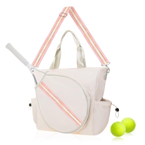 Tennis Bag for Women Racket Tote, Stylish Backpack - Unisex Racquet Sports Pickleball Bag Convertible Shoulder, Crossbody Strap Large Compartment - color: Tote - Ivory/Gold Pink