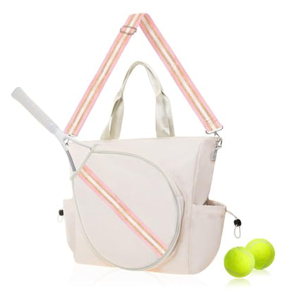 Tennis Bag for Women Racket Tote, Stylish Backpack - Unisex Racquet Sports Pickleball Bag Convertible Shoulder, Crossbody Strap Large Compartment - color: Tote - Ivory/Gold Pink