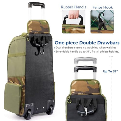 Large Rolling Baseball Catchers Gear Bag with Wheels, Softball Bag with Hard Backing for 4 Bats,Equipment Bag with Separate Shoe & Helmet Compartments, Youth Baseball Bag with 360° Spinner Wheels - color: Green Camo, size: Style A - Integrated Rolling Sys