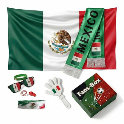 Soccer Fan Gear Set 2026-7 Piece Game Day Kit with Flag, Scarf, Glasses, Whistle, Clapper, Wristband & Headband in Gift Box - Watch Party & Stadium Essentials for Mexico - color: Mexico